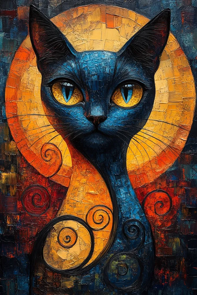 A captivating painting showcases a stylized blue cat, its vibrant eyes gleaming against a backdrop of warm oranges and yellows. The cat's form is elegantly intertwined with swirling patterns, creating a dynamic composition. The artist's thick brushstrokes and impasto technique add texture and depth, resulting in a visually rich and expressive artwork. The overall mood is one of mystique and artistic freedom.