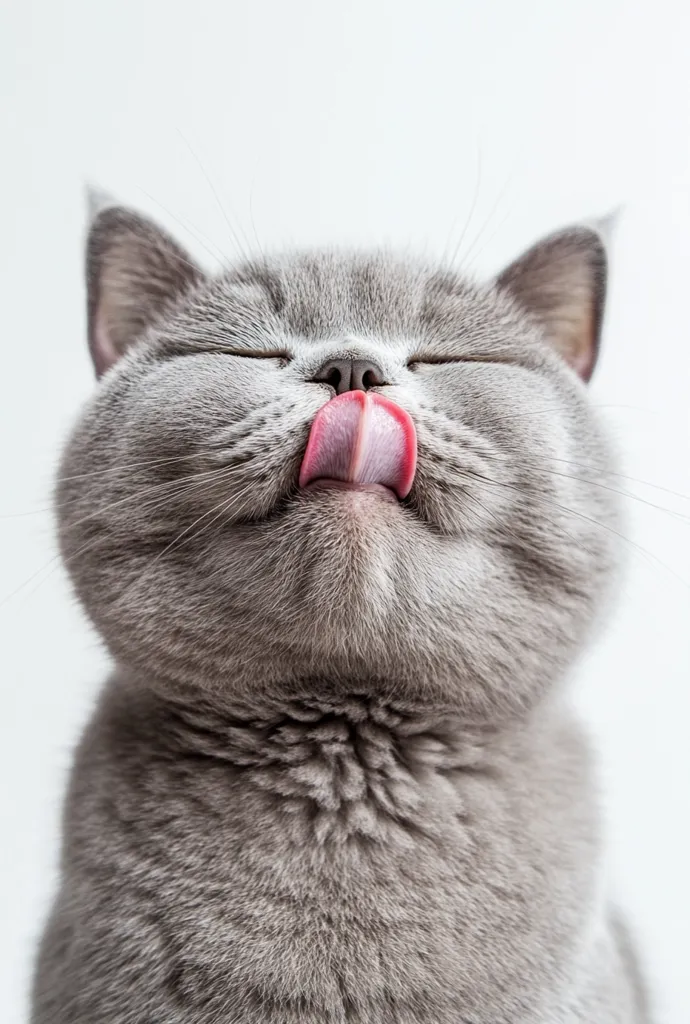 A grey British Shorthair cat with its eyes closed, looks up with its tongue sticking out.  Its fur is thick and soft, and its face is round and chubby. The cat's expression is one of contentment or perhaps sleepy bliss. The background is a simple, clean white, focusing attention on the adorable feline.