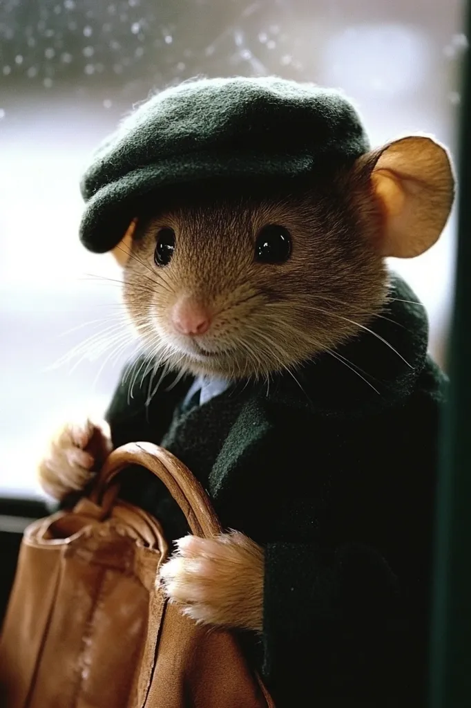A charming brown mouse, dressed in a dapper green coat and newsboy cap, holds a brown leather handbag.  Its large, expressive eyes and tiny paws add to its endearing appeal. The mouse appears sophisticated and ready for an outing, perhaps a journey on a train or bus, judging by the blurred background. The overall image evokes feelings of whimsy and charm.