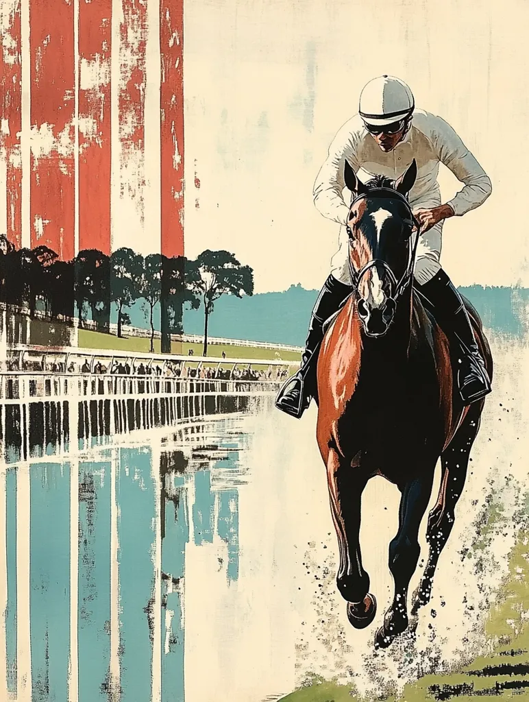 A jockey in a white racing suit rides a chestnut horse towards the finish line.  The horse is depicted mid-stride, splashing water, with the race track and spectators visible in the background.  Stylized vertical stripes in muted red and blue flank the image, adding to its artistic flair. The scene is a dynamic portrayal of equestrian sport.