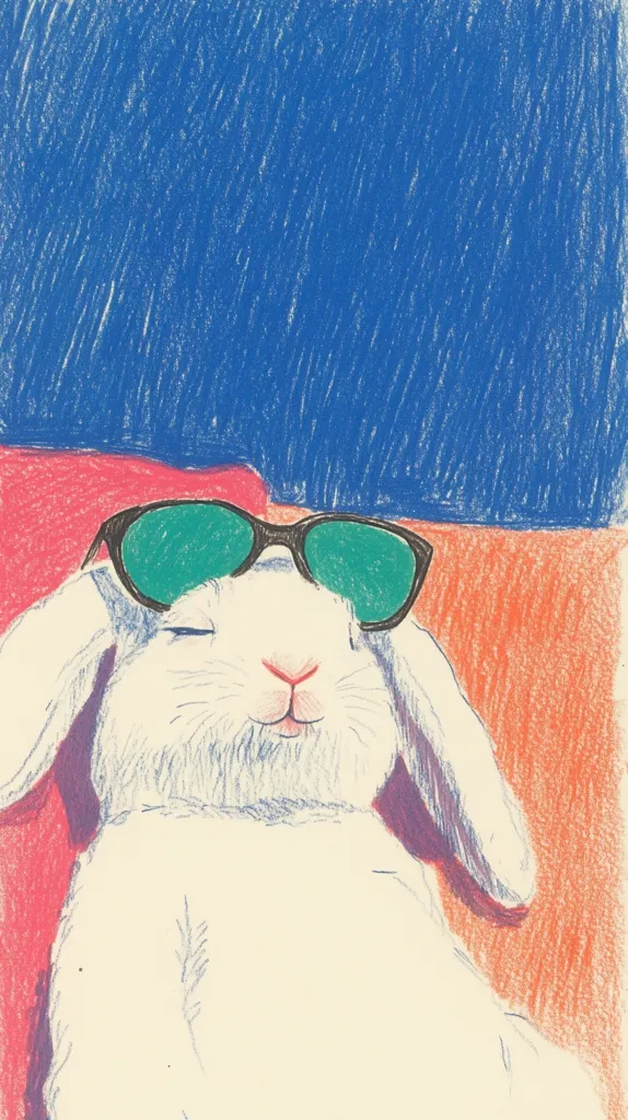 A charming illustration depicts a white rabbit lounging against a vibrant backdrop.  The rabbit, sporting teal sunglasses, appears relaxed and content.  The background features a bold blue, transitioning to pink and then orange, creating a playful and colorful scene. The style is reminiscent of children's book illustrations, with visible crayon-like strokes adding texture and charm.