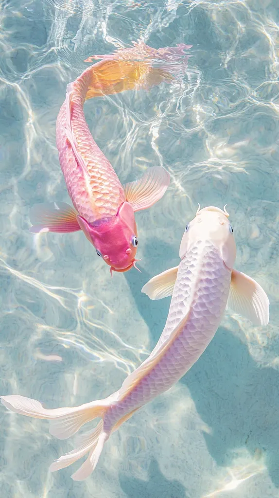 Two Koi fish, one pale pink and the other white, swim gracefully in crystal-clear, shallow water.  The pink Koi's scales shimmer with an orange-gold tint, while the white Koi presents a smooth, elegant form. Sunlight filters through the water, illuminating the fish and creating a tranquil, serene underwater scene.  Their fins are delicately spread, highlighting their elegant movement.