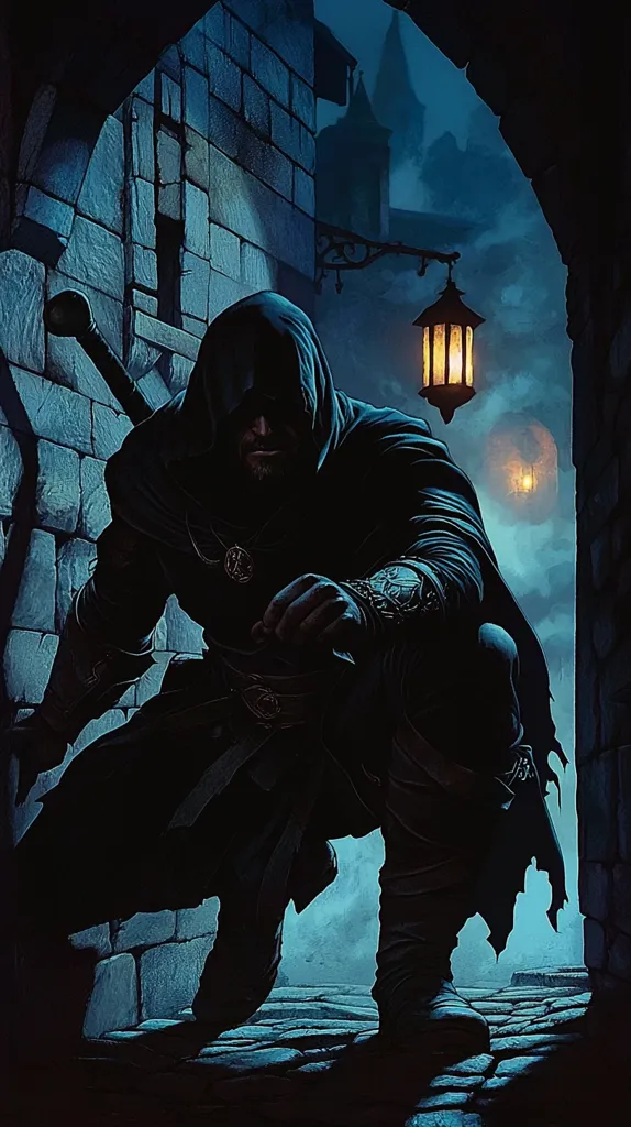 A hooded figure, cloaked in shadow, crouches in a dimly lit alleyway.  The figure wields a weapon, partially obscured by darkness.  A flickering lantern casts an ethereal glow on the cobblestone street and the aged stone walls surrounding him, hinting at a medieval setting.  The scene evokes a sense of mystery and intrigue, suggesting a clandestine operation or a hidden mission.