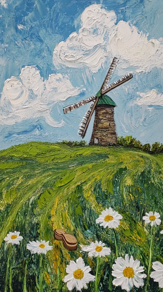 A vibrant impasto painting depicts a windmill on a verdant hill under a bright, cloudy sky.  The style is reminiscent of Impressionism, with thick brushstrokes creating texture in the sky, grass, and flowers.  Daisies dot the foreground, adding a touch of whimsy. A pair of wooden clogs lies nestled among the blooms, hinting at a peaceful rural scene. The windmill stands tall, a central feature against the expansive landscape.