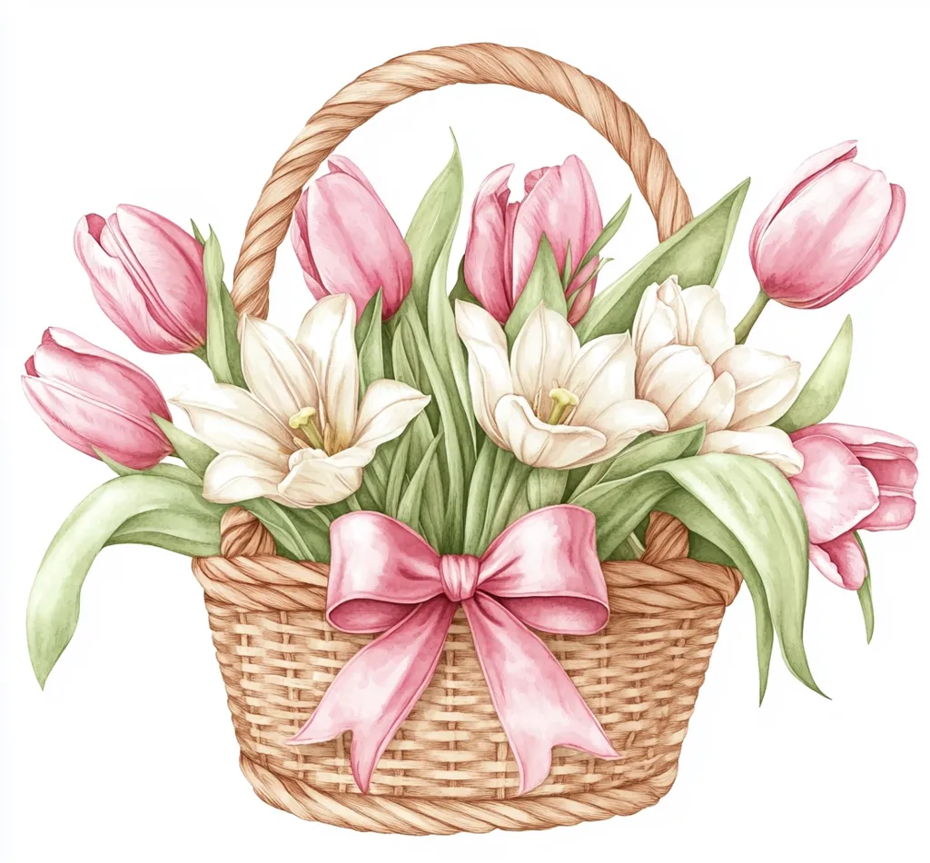 A watercolor painting depicts a wicker basket overflowing with pink and white tulips.  The basket is tied with a delicate pink ribbon, adding a touch of elegance. The tulips are rendered with soft, realistic detail, showcasing the subtle variations in color and petal texture. The overall composition is charming and evokes a feeling of springtime freshness.