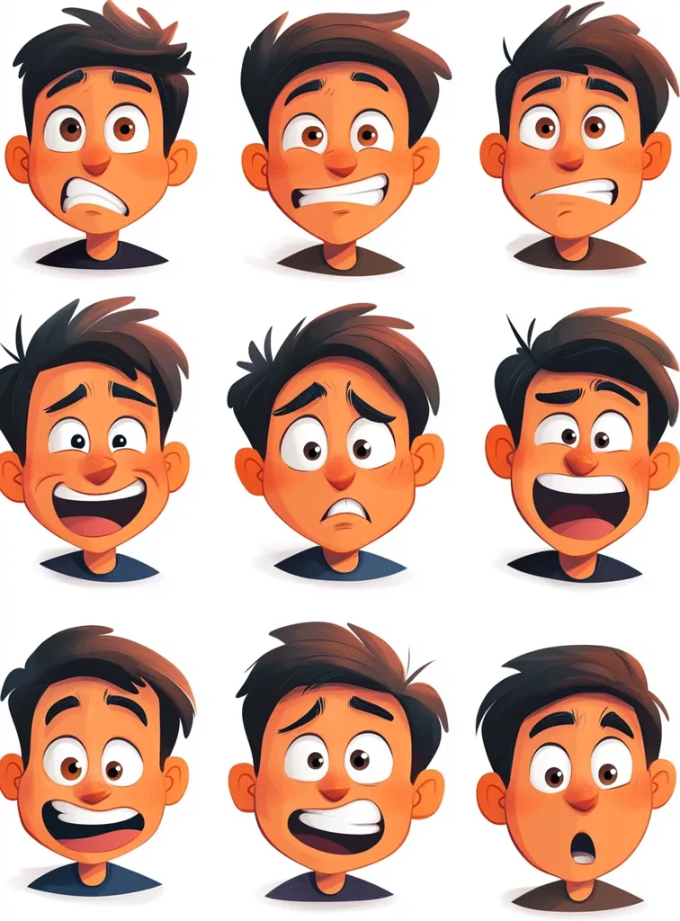 A collection of nine cartoon illustrations depicts a boy's face expressing various emotions.  The illustrations showcase a range of feelings, including fear, worry, happiness, surprise, and a combination of emotions. The boy has brown hair and skin, and his expressions are exaggerated for comedic effect.  Each face is distinct, clearly conveying a different emotional state.