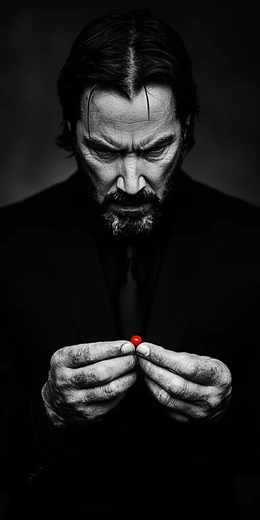 A black and white close-up shot portrays Keanu Reeves, his face etched with seriousness, gazing downward. His hands delicately cradle a small, red object, possibly a pill, between his fingertips. The image's stark contrast and moody lighting evoke a sense of contemplation and mystery, reminiscent of a film still.  His expression is intense, and the overall mood is somber.