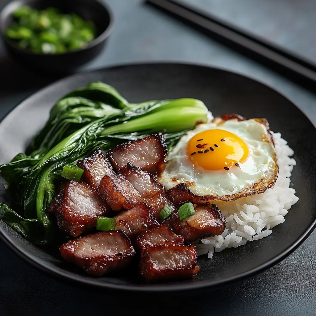 A delicious bowl of food features glistening pieces of char siu (barbecued pork), nestled alongside fluffy white rice and a perfectly fried egg.  Vibrant green bok choy adds a fresh, contrasting color.  A sprinkle of green onions finishes the dish, presented on a dark plate.  The image suggests a savory and satisfying meal.