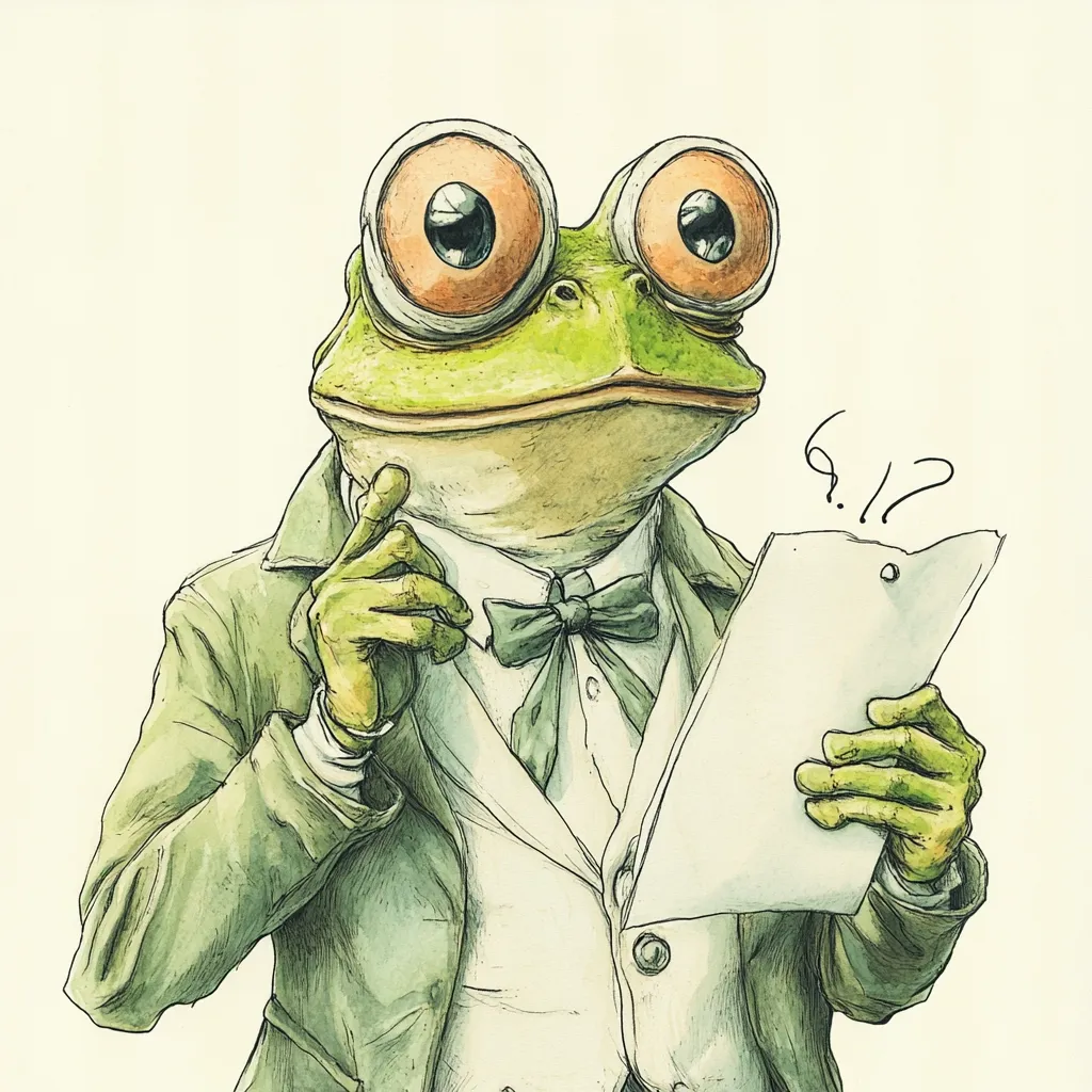 A whimsical illustration depicts a frog dressed in a dapper green suit and white waistcoat, a bow tie neatly knotted at his neck.  His large, expressive eyes convey a thoughtful expression as he holds a clipboard, a question mark floating above it suggesting contemplation.  The artwork's style blends realistic detail with a cartoonish exaggeration of the frog's features.