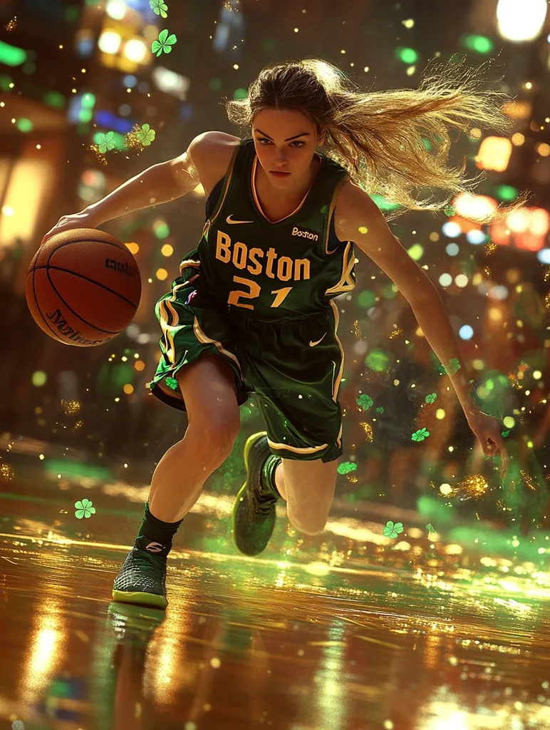 A female basketball player, number 21 for the Boston team, dribbles the ball on a glistening court.  Her long blonde hair flows behind her as she moves dynamically.  The scene is magical, with shimmering lights and four-leaf clovers floating in the air, suggesting a celebratory or fantasy atmosphere.  Her focused expression and powerful stance convey determination and skill.