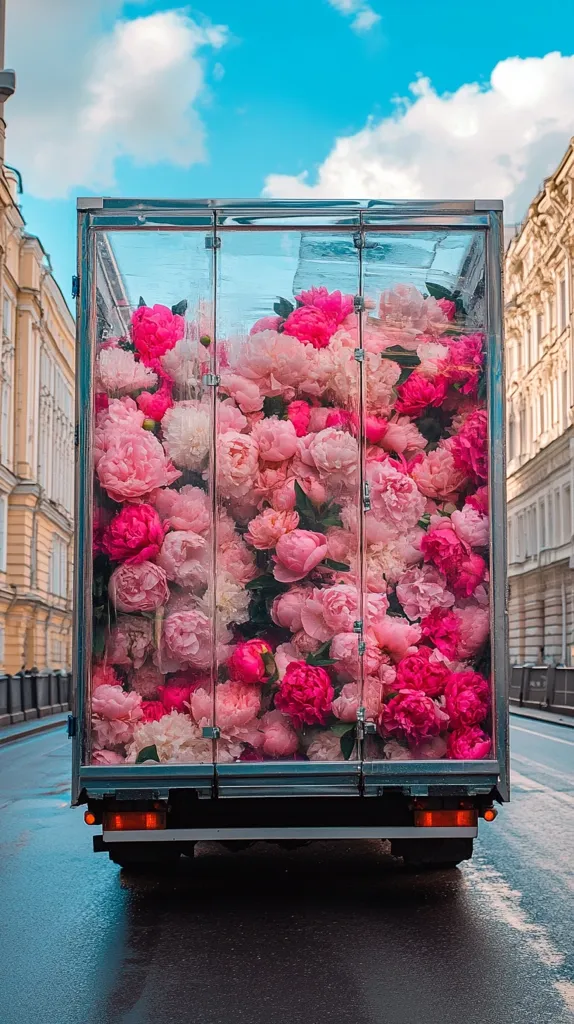 A truck's transparent cargo container is overflowing with vibrant pink and white peonies.  The flowers fill the entire space, creating a stunning floral display against the backdrop of a city street and classic architecture under a partly cloudy sky.  The scene evokes a sense of beauty and abundance.