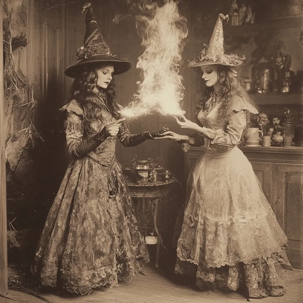 A sepia-toned photograph depicts two women in elaborate witch costumes, complete with pointed hats and long gowns. They stand before a low table laden with apothecary jars, conjuring flames between their outstretched hands.  The scene is set in a dimly lit room with wooden cabinetry and suggests a mystical, possibly Halloween-themed setting. The image evokes a vintage, slightly eerie atmosphere.