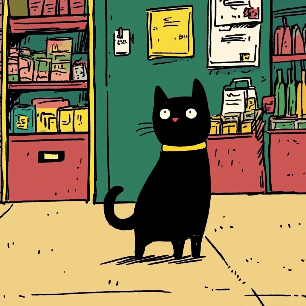 A black cat with a yellow collar stands in a small shop.  Shelves filled with various items line the walls. The shop's color scheme is predominantly red, green, and beige. The cat looks directly at the viewer, creating a charming and slightly whimsical scene. The style is reminiscent of a cartoon or graphic novel.
