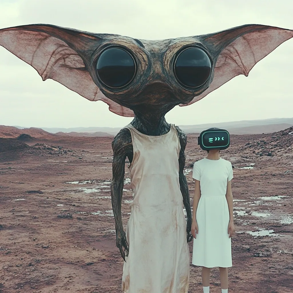 A large, alien-like creature with large ears and eyes stands beside a person wearing a virtual reality headset in a desolate, barren landscape. The alien wears a simple, light-colored dress.  The scene is surreal and evokes a sense of otherworldliness and perhaps first contact. The color palette is muted, emphasizing the vastness and emptiness of the setting.