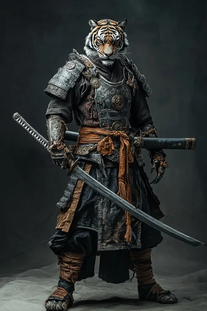 A captivating image depicts a tiger-headed samurai, a striking blend of animalistic ferocity and ancient warrior culture.  Clad in ornate, dark samurai armor and wielding a katana, the figure exudes power and mystery. The tiger's intense gaze adds a primal edge to the meticulously detailed costume, creating a visually stunning and imaginative fusion of nature and history.  The dark background emphasizes the figure's dramatic presence.