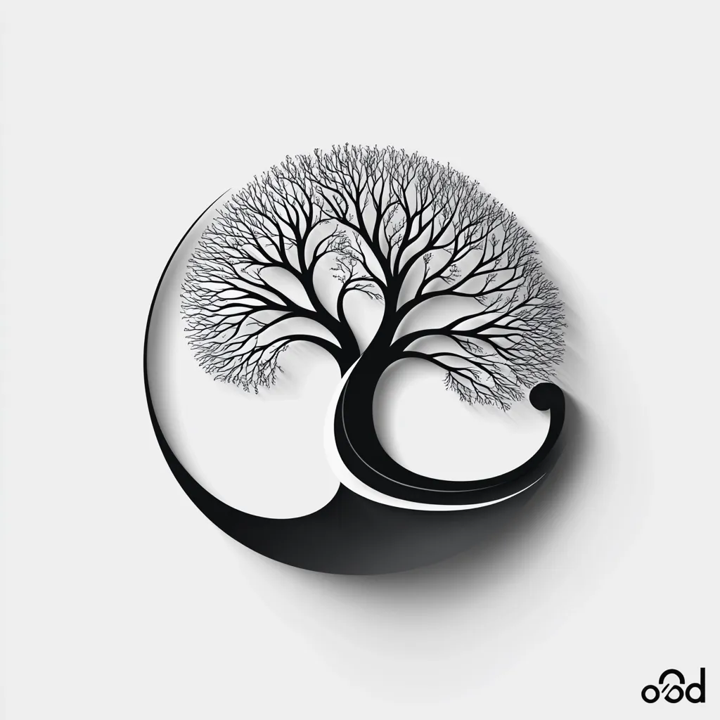 A stylized black tree, devoid of leaves, is centrally positioned within a circular, yin-yang-inspired design.  The tree's branches spread outwards, contrasting sharply against the smooth, curved lines of the abstract background. The overall effect is minimalist and symbolic, suggesting balance and the cycle of life.  A subtle shadow adds depth to the illustration.