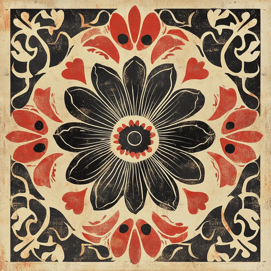 A square tile features a bold floral design.  A large, dark central flower with numerous petals is surrounded by smaller, stylized red blossoms and black curlicue motifs. The color palette is a stark contrast of black, red, and off-white, creating a striking visual effect.  The style suggests a vintage or folk-art influence, with a slightly distressed texture adding to its character. The overall design is symmetrical and meticulously arranged.