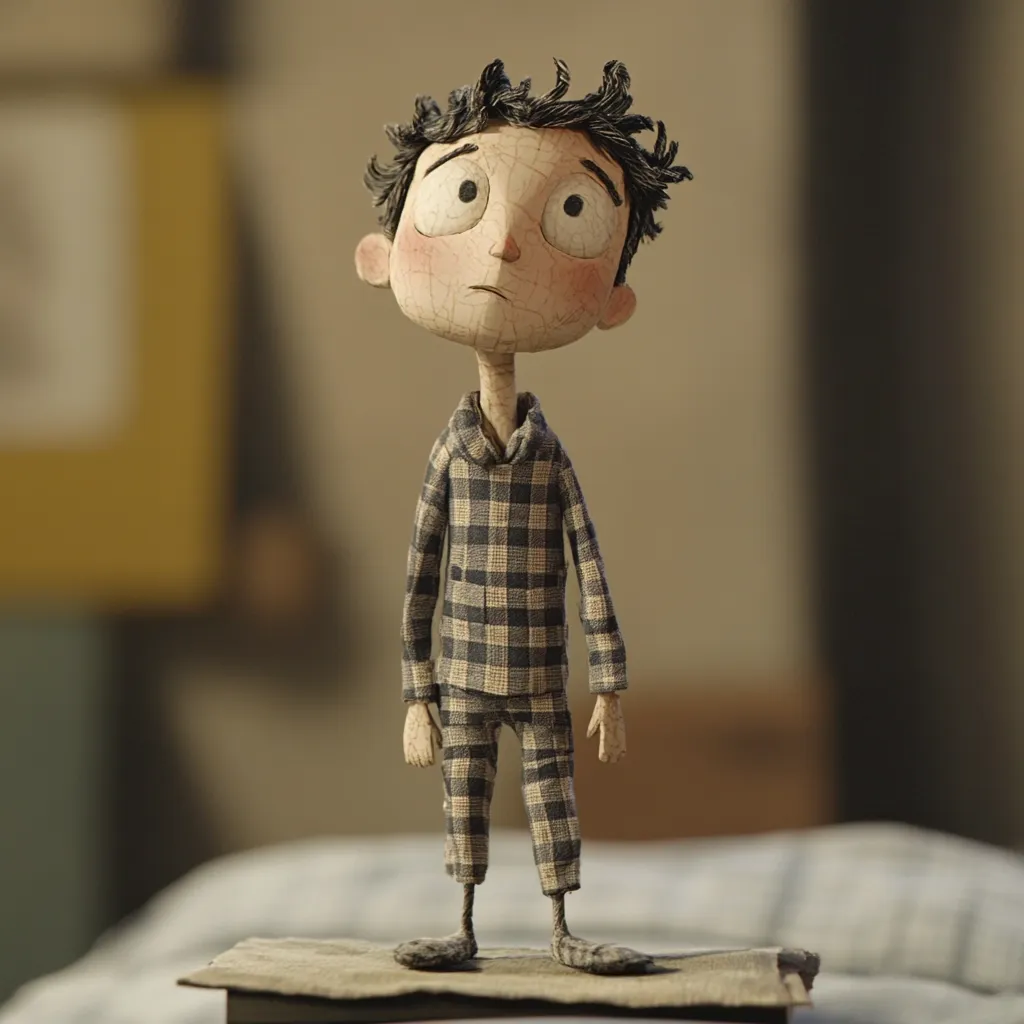 A stop-motion animation figure of a boy stands on a small platform. He has a textured, almost cracked, appearance and wears plaid pajamas.  His expression is one of pensive sadness, his gaze directed upwards. The background is softly blurred, suggesting a bedroom setting. The overall style evokes a whimsical yet melancholic mood.