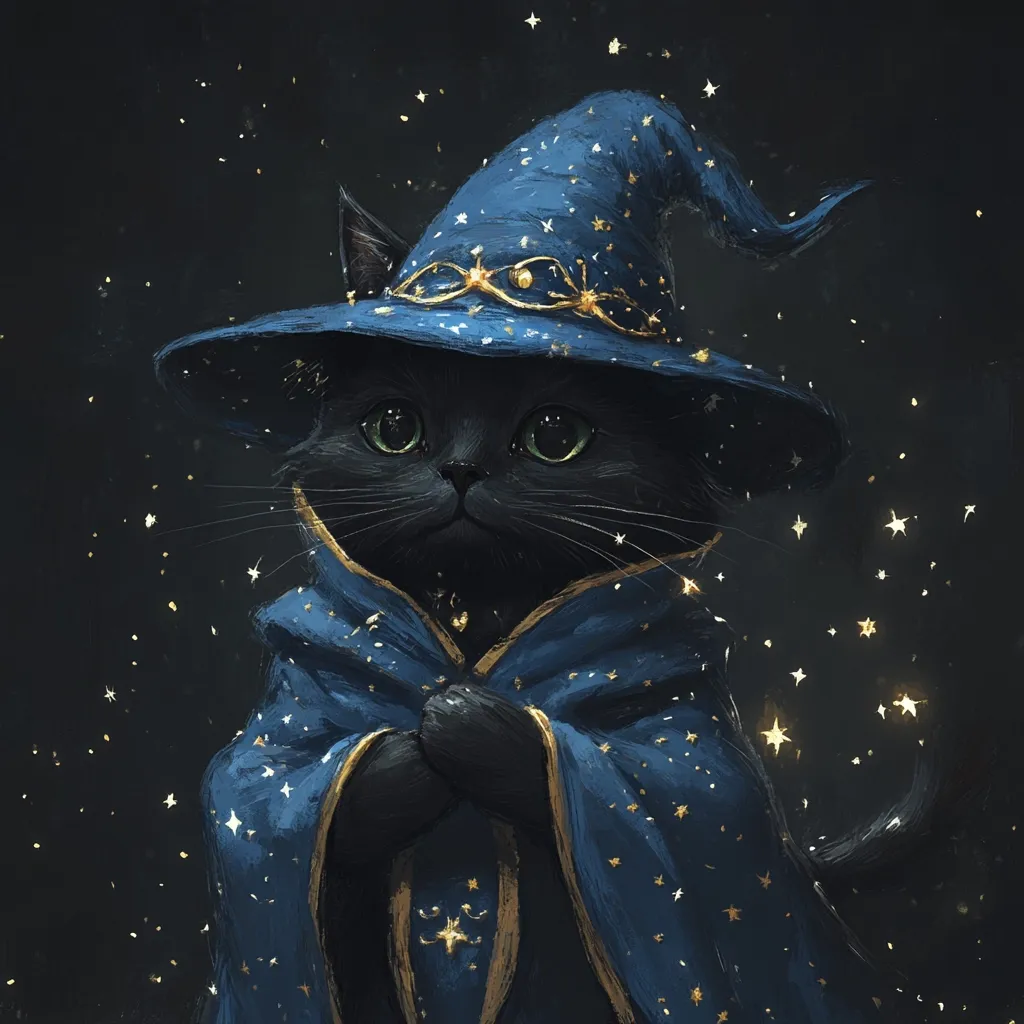 A charming digital painting depicts a black cat adorned in a wizard's attire.  The cat wears a dark blue, star-studded pointed hat and matching robe, trimmed with gold.  Its large, expressive green eyes gaze serenely forward.  Golden sparkles surround the cat, enhancing the magical atmosphere. The artwork is rendered in a painterly style, with soft brushstrokes and a captivating dark background.