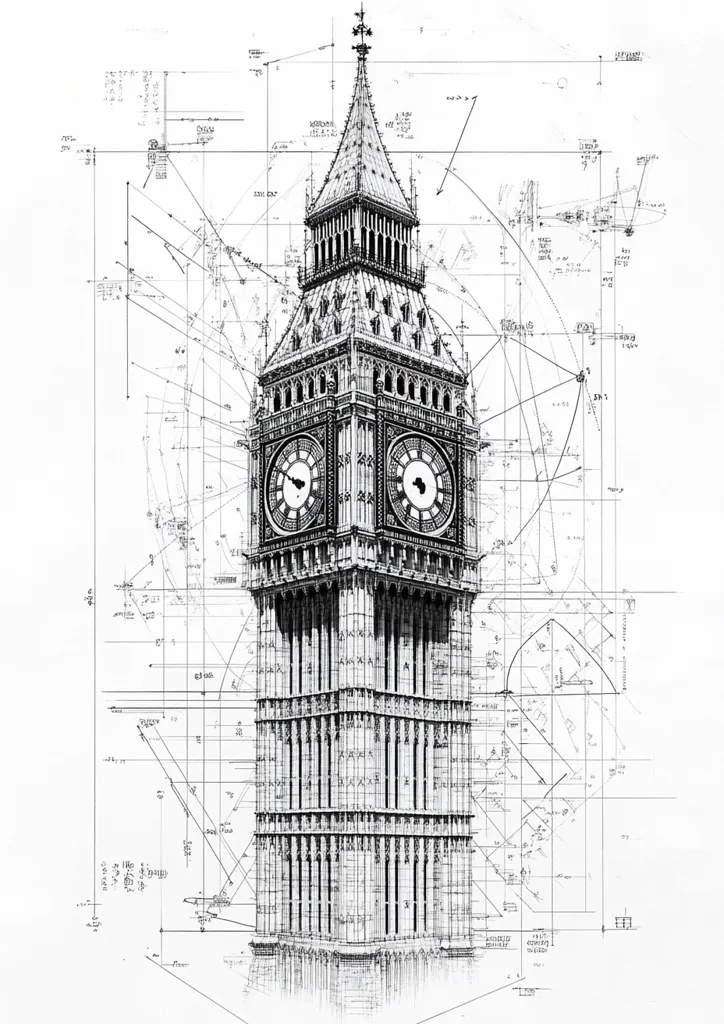 A detailed black and white illustration depicts the Elizabeth Tower (Big Ben) superimposed on architectural blueprints.  The intricate clock tower is rendered with precise lines, showcasing its Gothic Revival style.  The overlaid blueprints, with handwritten notes and measurements, suggest a design process, emphasizing the engineering and architectural precision involved in creating this iconic landmark.