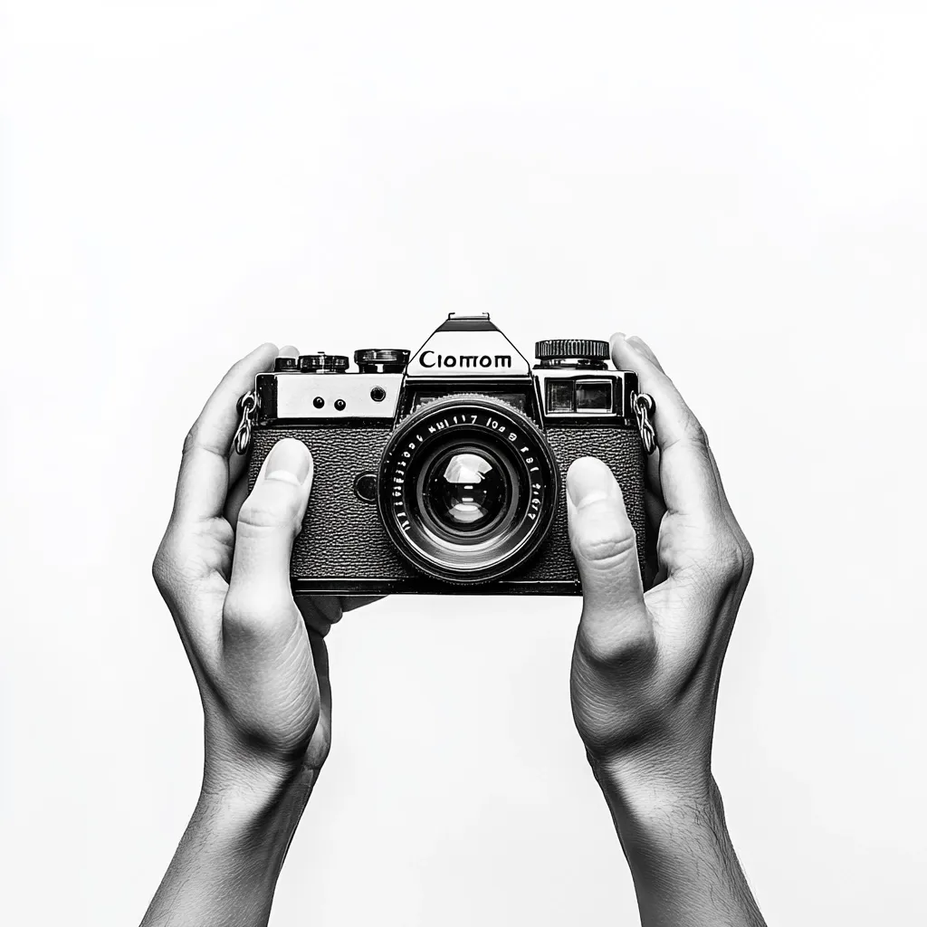 A pair of hands gently holds a vintage Ciomom 35mm film camera against a stark white background. The camera is black with silver accents, and the lens is clearly visible. The monochrome image emphasizes the camera's classic design and the careful handling of the person holding it.  The overall impression is one of nostalgia and careful appreciation for analog photography.