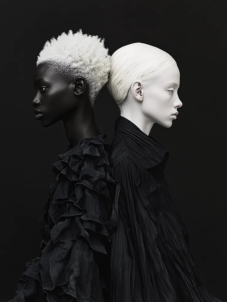Two women stand back-to-back against a black background. One has dark skin and a short, white, textured hairstyle. The other has pale skin and her hair is styled in a smooth, updo.  Both wear black, textured garments with draped, pleated detailing. The image is a study in contrast, highlighting differences in skin tone and texture.  The monochrome palette emphasizes the visual dichotomy.