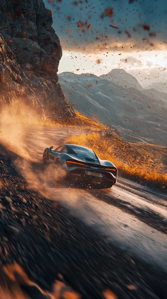 A sleek, silver sports car powers along a rugged mountain road, kicking up dust and debris.  The setting sun casts a warm glow on the scene, while a dramatic sky and mountainous backdrop create a breathtaking landscape.  The car appears to be driving at speed, leaving a trail of dust in its wake. The overall image is dynamic and visually striking.