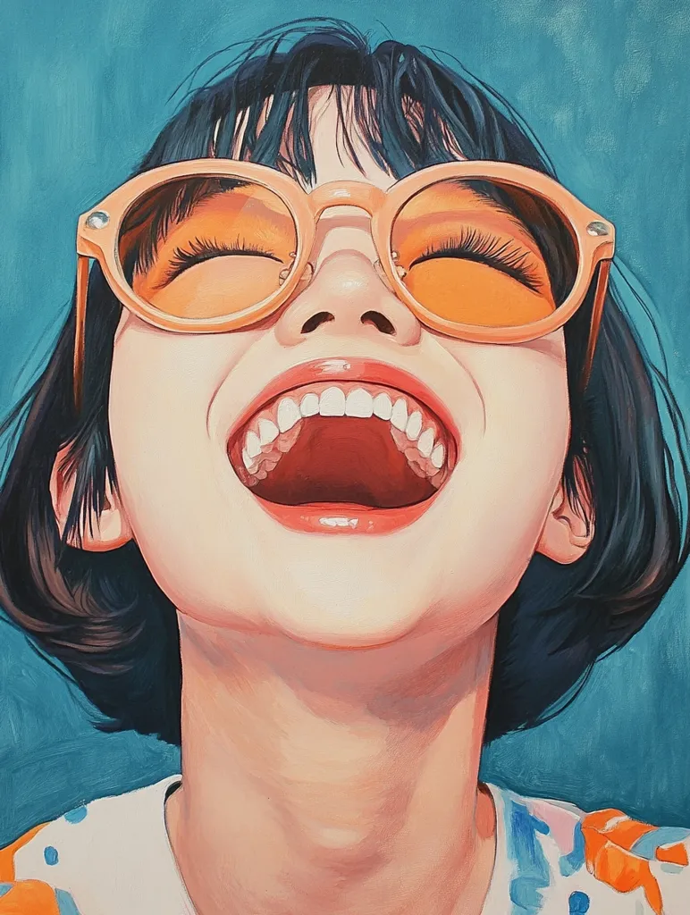 A vibrant painting depicts a young woman with short dark hair, wearing large orange sunglasses.  Her mouth is wide open in a joyous laugh, revealing her teeth.  The style is bold and graphic, with saturated colors and smooth, stylized features. The teal background contrasts with her bright attire and joyful expression. The overall effect is one of exuberant happiness and carefree energy.
