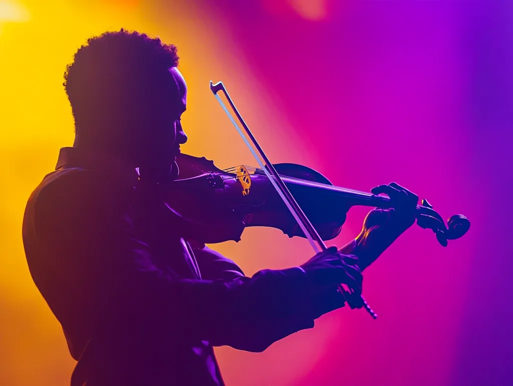 A silhouetted figure of a musician plays a violin against a vibrant, two-toned background of yellow and purple.  The musician's profile is visible, deeply engrossed in their performance. The lighting accentuates the shape of the instrument and the player's posture, creating a dramatic and evocative image. The scene suggests a concert or performance setting.