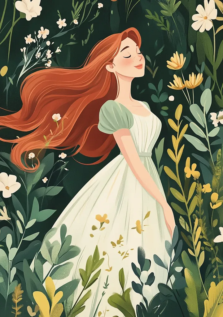 A serene illustration depicts a young woman with flowing auburn hair, dressed in a flowing, light green dress.  She appears peaceful, eyes closed, nestled amidst a vibrant garden teeming with lush green foliage and delicate flowers in shades of white and yellow. The artwork's style is soft and dreamlike, emphasizing the tranquil beauty of nature and the woman's peaceful repose.