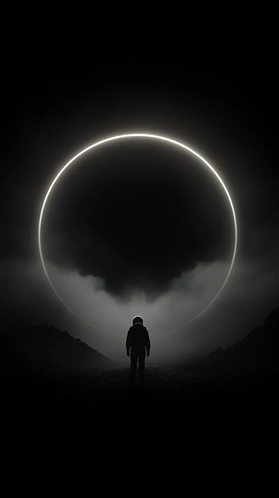 A lone astronaut stands silhouetted against a dark, desolate landscape.  A large, luminous white circle, resembling a halo or celestial event, dominates the sky above. The scene is monochromatic, emphasizing the stark contrast between the astronaut's figure and the dramatic, ethereal backdrop.  A sense of mystery and isolation pervades the image.
