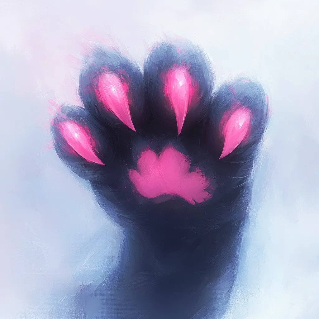 A stylized painting depicts a large cat's paw, rendered with a painterly technique.  The paw is dark, almost black, with vibrant pink claws and pad.  The background is a soft, light blue, providing a stark contrast to the paw's bold colors.  The overall style is whimsical and slightly surreal, emphasizing the texture and vibrancy of the colors.