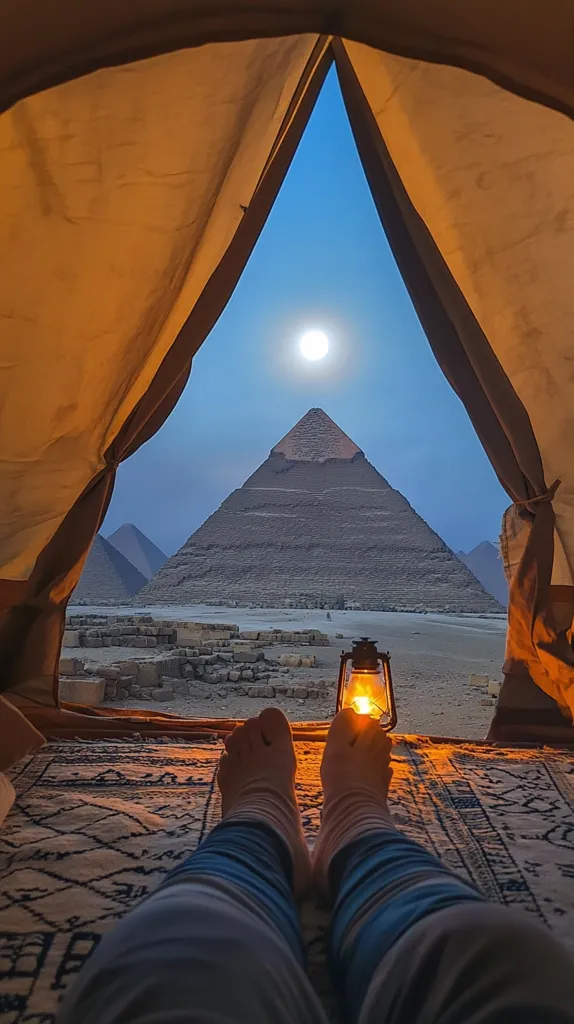 The view from inside a tent at night shows the Giza pyramids under a bright moon.  A person's bare feet are visible in the foreground, resting on a patterned rug with a lantern glowing nearby. The vast, sandy expanse surrounding the pyramids creates a serene and magical atmosphere.  The scene evokes a sense of adventure and wonder.