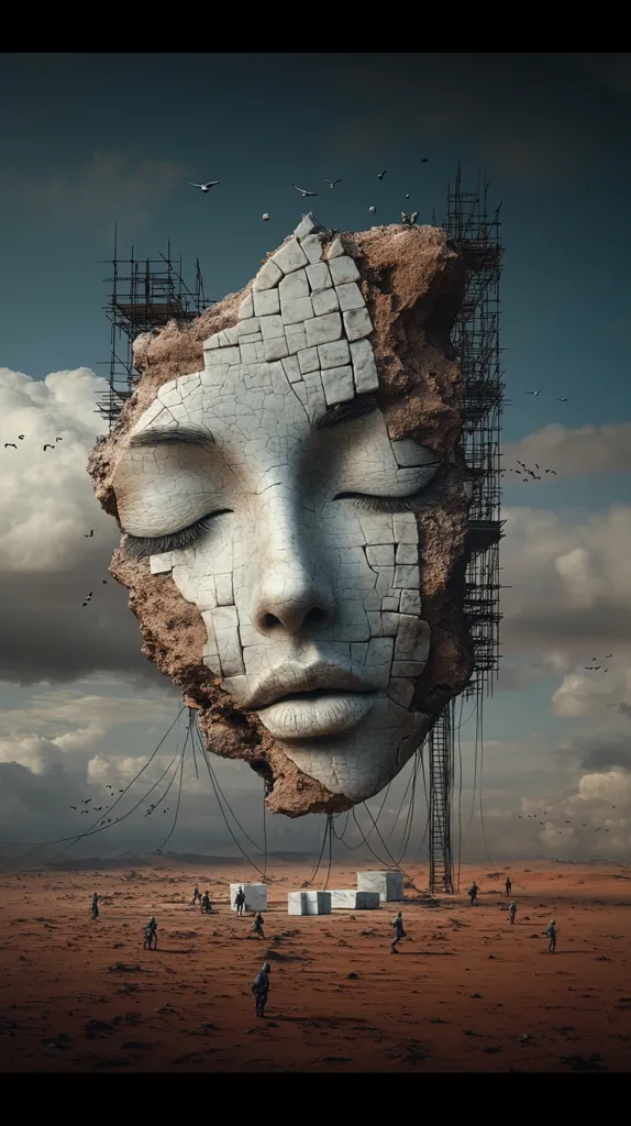 A colossal, fragmented stone face, resembling a serene, closed-eyed woman, floats above a desolate, reddish landscape.  Scaffolding supports the precarious structure, suggesting ongoing restoration or construction. Tiny figures work below, dwarfed by the monumental visage against a dramatic, cloudy sky. The scene evokes a sense of mystery and the passage of time.