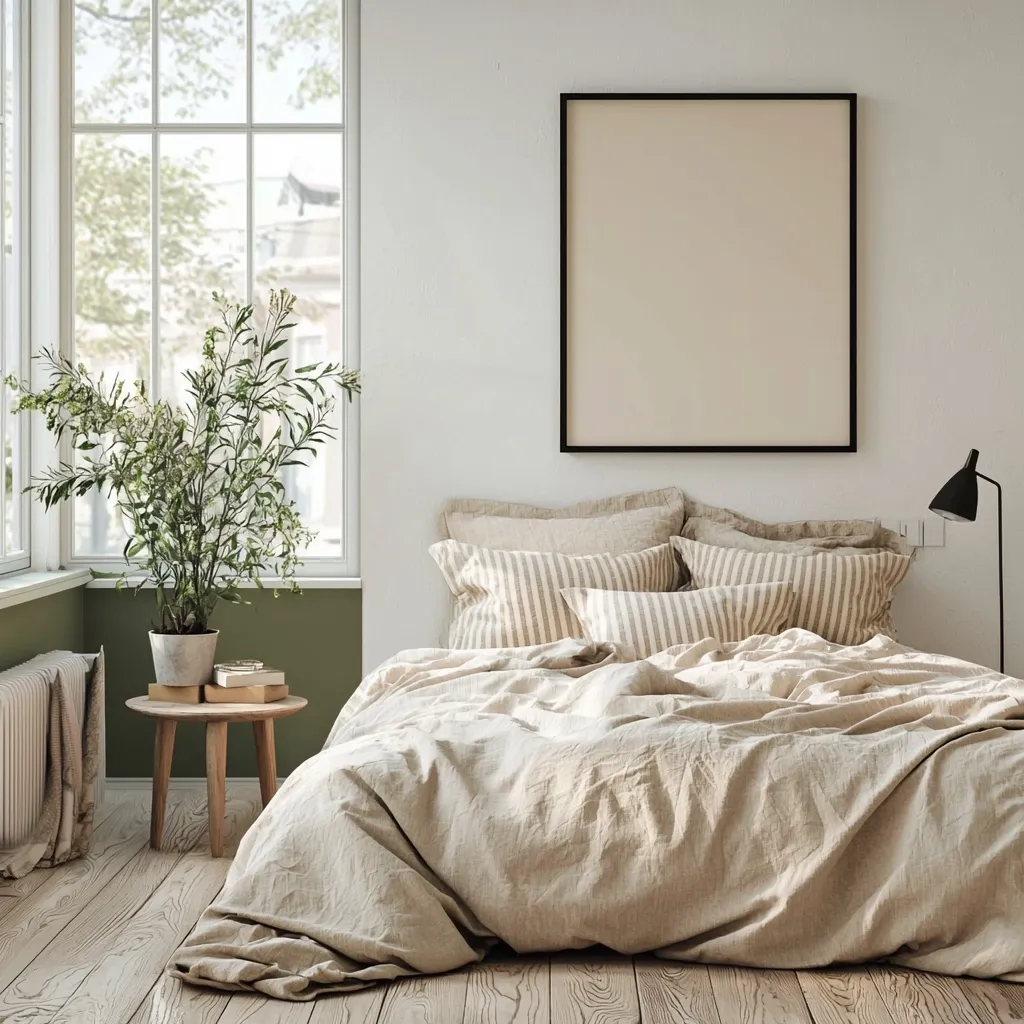 A minimalist bedroom features a large, unmade bed with a beige linen duvet and striped pillows.  A large, blank framed artwork hangs above the bed.  A small side table holds a potted plant and books near a window with green trim. The room has light wood floors and a calming, neutral palette. A floor lamp stands subtly in the corner.