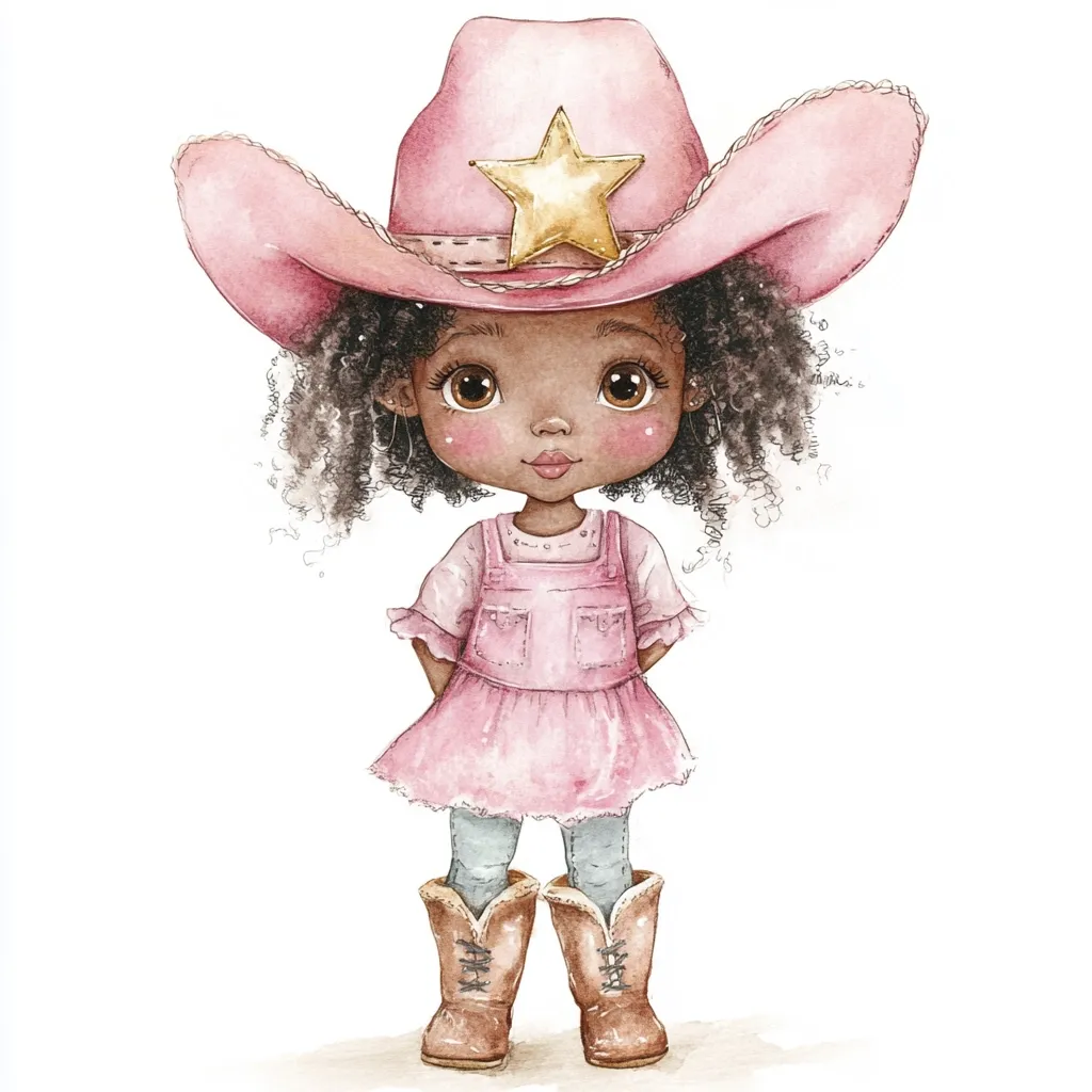 An adorable watercolor illustration of a young Black girl dressed in a pink cowgirl outfit. She wears a pink cowboy hat adorned with a gold star, a pink dress over denim pants, and brown cowboy boots. Her dark curly hair frames her sweet face, and she stands with hands on hips, exuding confidence and charm. The style is cute and whimsical, perfect for children's illustrations or wall art.
