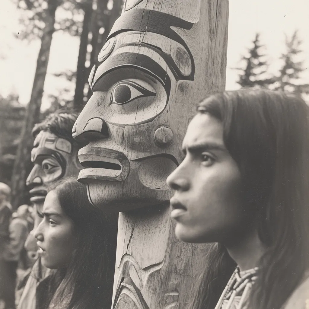 A black and white photograph shows a close-up view of a carved totem pole, its intricately detailed face dominating the foreground.  Beside the pole stand several young Indigenous people, their faces partially visible, gazing intently.  The image contrasts the ancient artistry of the totem with the contemporary presence of the individuals, creating a powerful visual narrative of cultural heritage and identity. The background is blurred, focusing attention on the central figures and the totem's imposing presence.