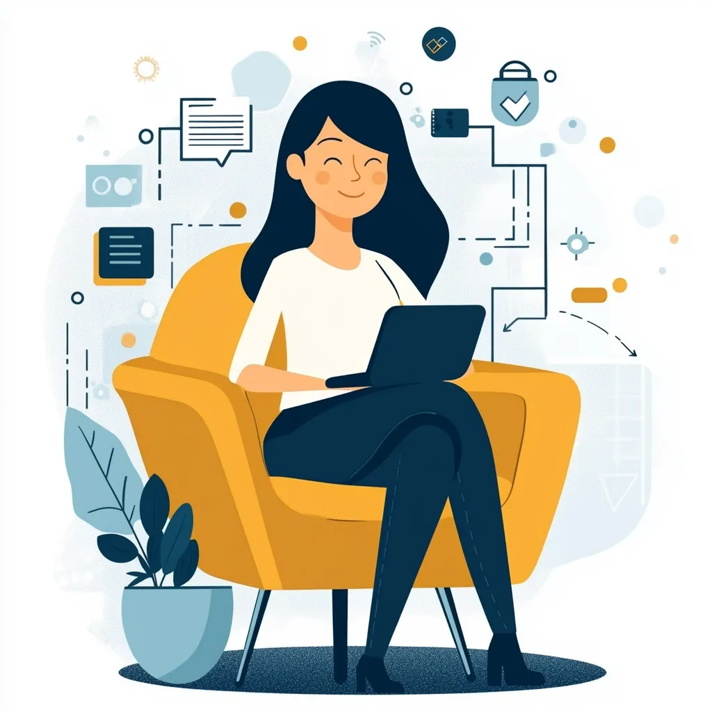 A smiling woman sits comfortably in a mustard-yellow armchair, working on a laptop.  Surrounding her are stylized icons representing data, security, and connectivity, suggesting online work or digital security.  The scene is bright and cheerful, conveying a sense of ease and productivity in a digital environment. A small plant adds a touch of nature to the image.