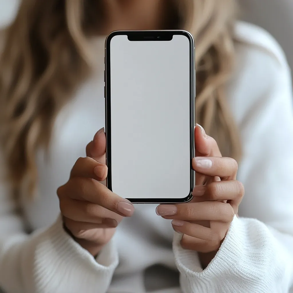 Close-up view of a woman's hands holding a smartphone with a blank white screen.  She is wearing a white sweater, and her long blonde hair is partially visible. The focus is on the phone and her hands, with the background blurred.  The image is likely intended for use as a mockup or template to showcase an app or website design.