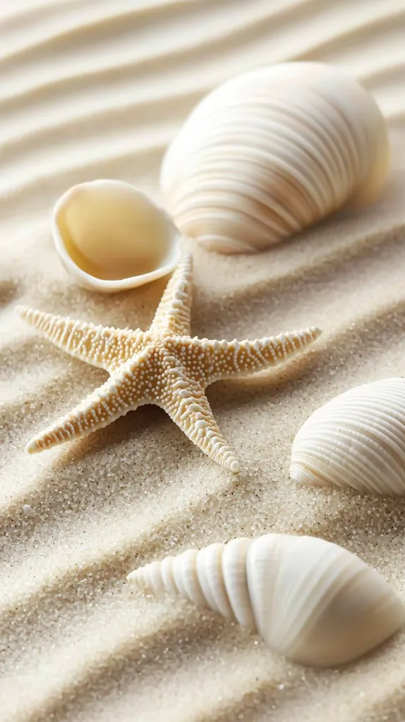 A starfish and several seashells are arranged on a bed of light beige sand. The shells are various shapes and sizes, all exhibiting a creamy white hue. The sand has a subtle wave pattern, creating a tranquil beach scene.  The overall image evokes a sense of calmness and the serenity of the coast.