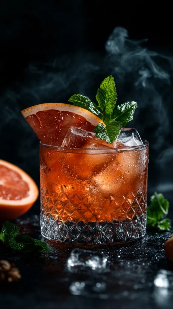 A refreshing cocktail is presented in a crystal rocks glass, filled with ice and a vibrant reddish-brown liquid.  A grapefruit slice and fresh mint garnish the drink.  The dark background and subtle smoke add a dramatic and sophisticated touch, enhancing the visual appeal of this enticing beverage.  A half grapefruit sits nearby, adding to the scene's overall composition.