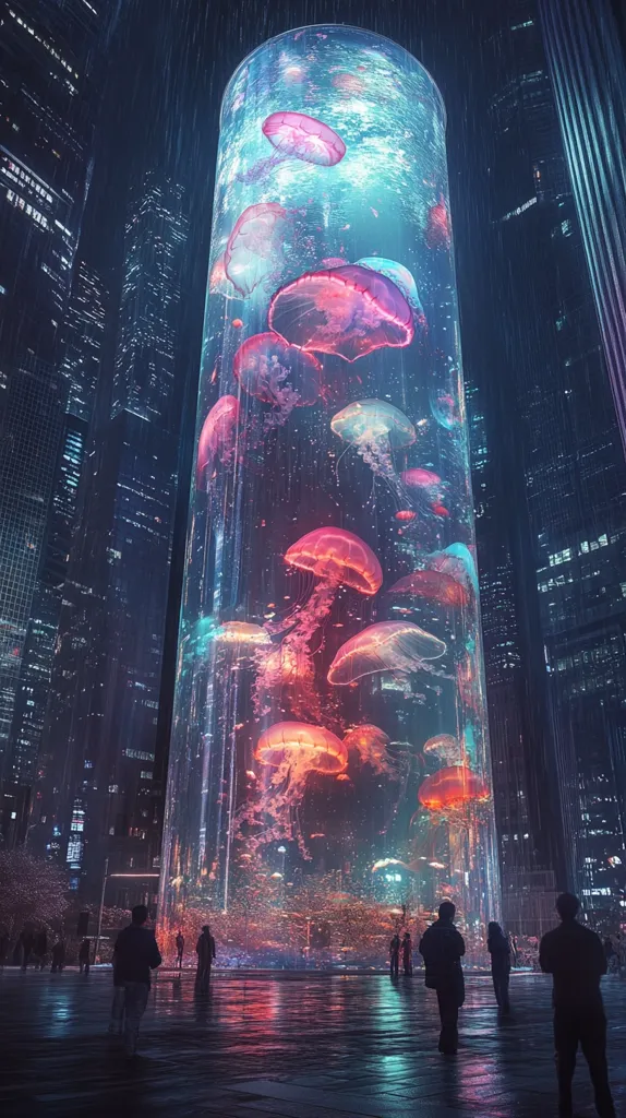 A giant cylindrical aquarium, filled with bioluminescent jellyfish in vibrant pinks and blues, stands tall amidst a futuristic city at night. Rain falls softly, reflecting the neon lights and the ethereal glow of the jellyfish.  People gather in the wet city square, gazing up in awe at this breathtaking spectacle of nature within a technologically advanced environment. The scene is a captivating blend of organic and artificial beauty.