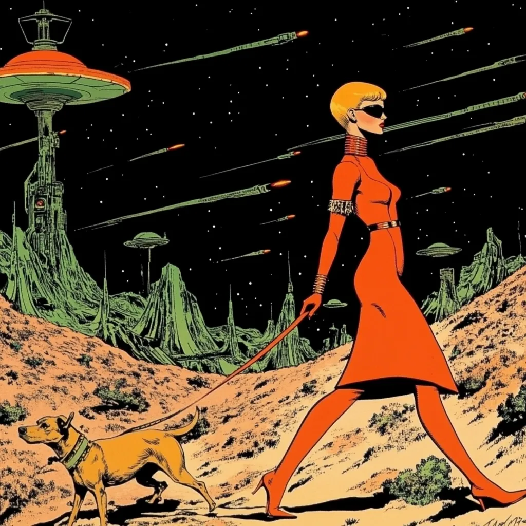 A retro-futuristic illustration depicts a stylish woman in a vibrant orange dress and sunglasses, strolling through an alien landscape with a small dog on a leash.  The background showcases a night sky filled with flying saucers, rockets, and futuristic architecture on a vibrant green and orange planet.  The scene evokes a classic science fiction comic book aesthetic.
