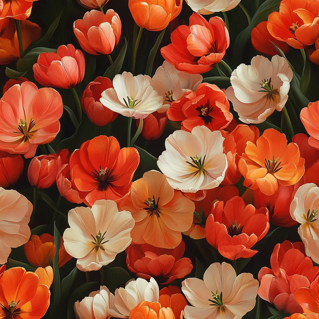A vibrant close-up captures a dense cluster of tulips in varying shades of orange and cream.  The blossoms, rendered with painterly detail, overlap creating a rich texture.  Dark green foliage subtly peeks through, providing contrast to the bright, warm hues of the flowers. The image suggests a lush garden brimming with spring blooms.