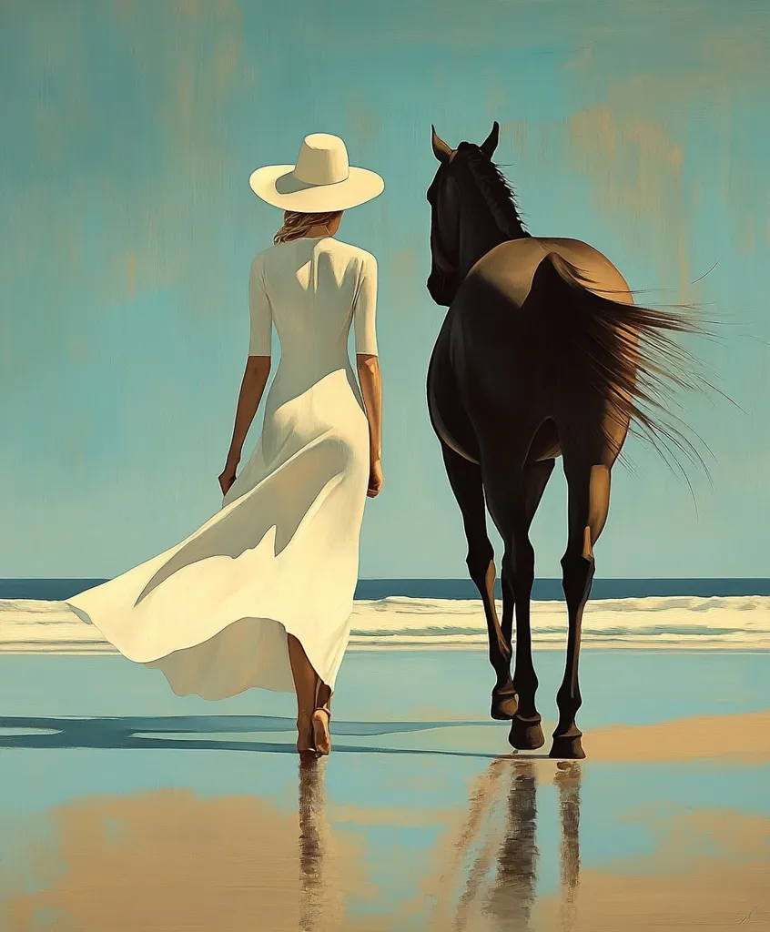 A woman in a flowing white dress and wide-brimmed hat walks barefoot along a beach, followed by a dark brown horse.  The ocean waves gently lap the shore under a pale blue sky. The scene is serene and evokes a sense of freedom and tranquility. The woman's dress billows slightly in the breeze, and the horse's tail flows behind it.  The overall impression is one of elegant simplicity and quiet beauty.