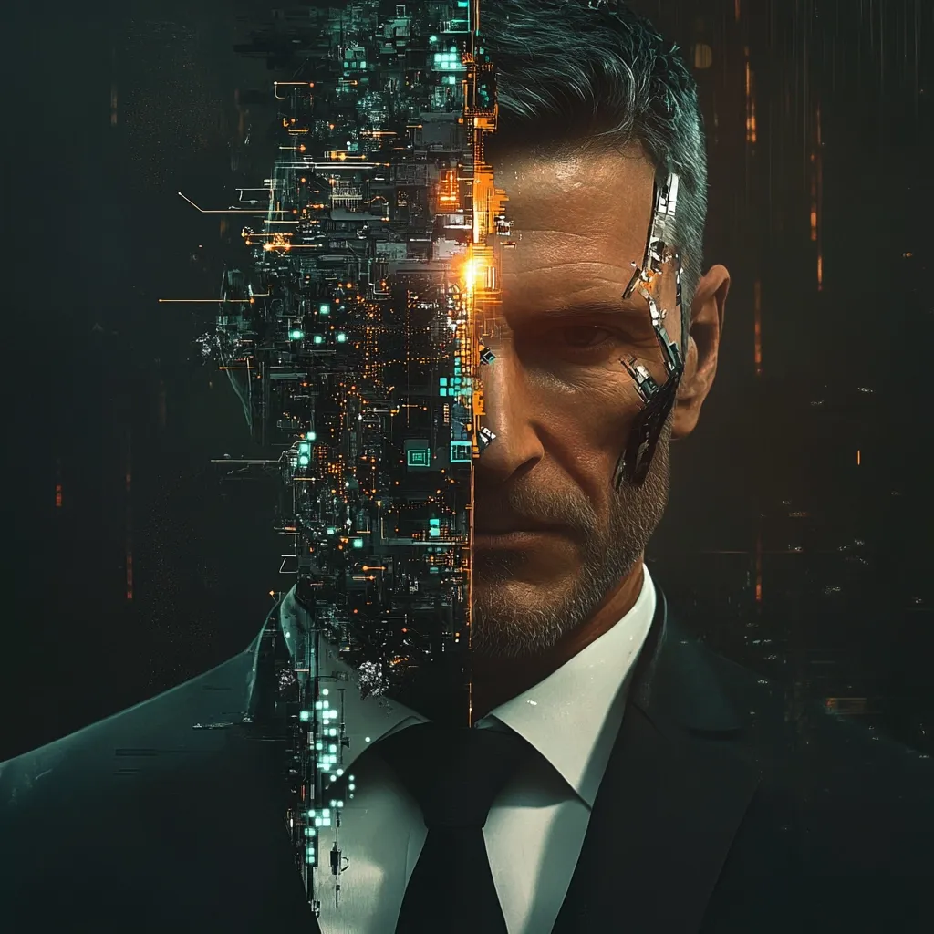 A stylized portrait of a man in a suit, his face bisected. One half reveals a human face, while the other is replaced by a complex, glowing circuit board, suggesting a fusion of human and artificial intelligence.  The dark background enhances the dramatic contrast, creating a futuristic and somewhat unsettling image.  The man's expression is serious and contemplative.