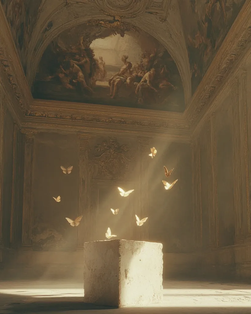 A sunlit, ornate room, possibly within a museum or palace, features a large classical-style ceiling painting depicting figures in a mythological scene.  A simple, light-colored cube sits centrally on the floor.  Several pale butterflies are depicted in flight, seemingly drawn to a shaft of light illuminating the cube. The overall mood is serene and dreamlike.