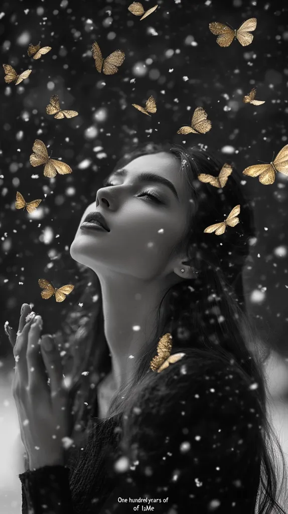 A monochromatic image depicts a woman with long dark hair, her face tilted upward, surrounded by a flurry of golden butterflies and snowflakes.  Her expression is serene and peaceful, hands clasped in prayer-like position.  The contrast between the black and white background and the vibrant gold butterflies creates a dreamlike, ethereal atmosphere. The image suggests themes of beauty, hope, and transformation.