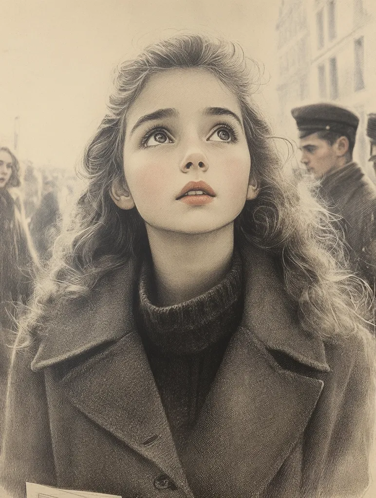 A young girl with wavy brown hair, wearing a dark collared coat and turtleneck sweater, looks upward with a hopeful expression.  The sepia-toned drawing depicts her in a city street scene, possibly wartime, with blurry figures in the background, including a soldier in uniform.  Her large eyes and delicate features are the focal point, conveying a sense of innocence and longing.