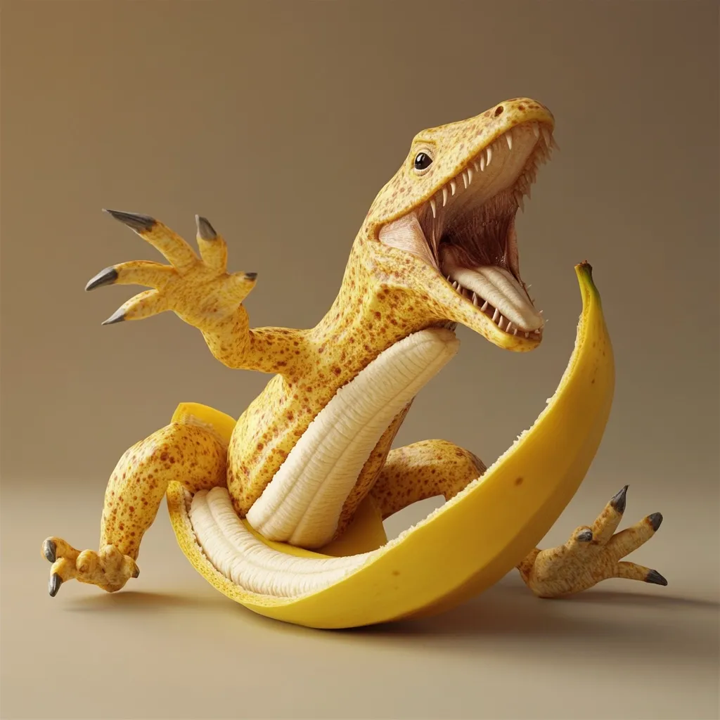 A digitally created image shows a miniature dinosaur sculpted from a peeled banana. The dinosaur is depicted with its mouth open in a roar, positioned on the banana peel as if riding it.  The texture of the banana skin is meticulously detailed, mimicking the dinosaur's scales. The overall aesthetic is humorous and surreal.